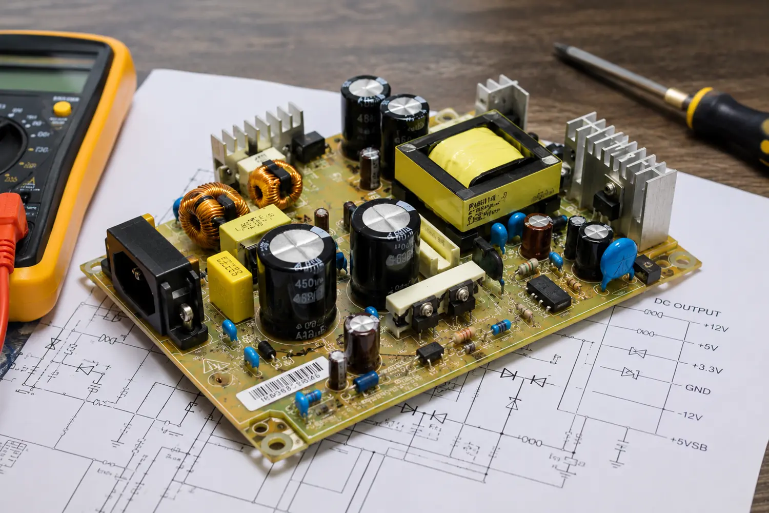 Power supply circuit board with transformer and voltage regulator components