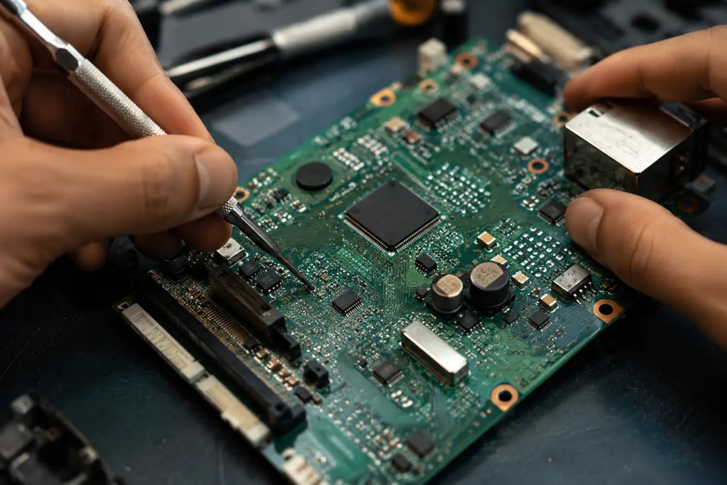 Close-up of electronic circuit board showing copper traces and microchips